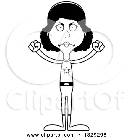 Lineart Clipart of a Cartoon Black and White Angry Tall Skinny Black Super Hero Woman - Royalty Free Outline Vector Illustration by Cory Thoman