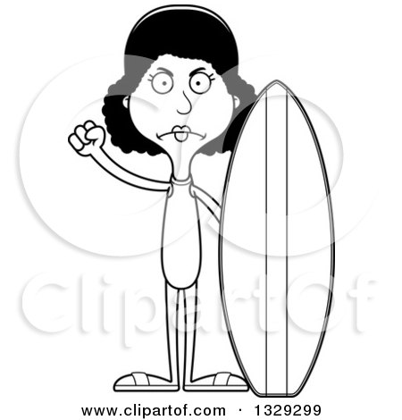 Lineart Clipart of a Cartoon Black and White Angry Tall Skinny Black Surfer Woman - Royalty Free Outline Vector Illustration by Cory Thoman