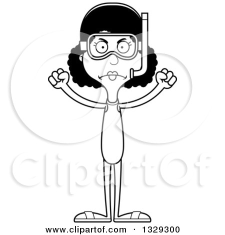 Lineart Clipart of a Cartoon Black and White Angry Tall Skinny Black Woman in Snorkel Gear - Royalty Free Outline Vector Illustration by Cory Thoman