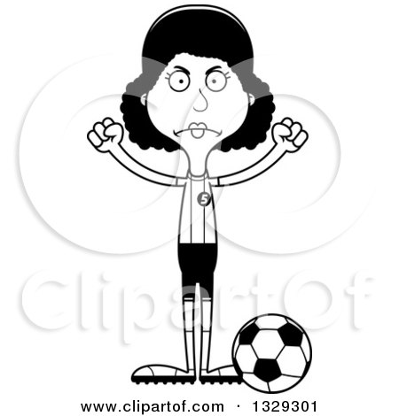 Lineart Clipart of a Cartoon Black and White Angry Tall Skinny Black Woman Soccer Player - Royalty Free Outline Vector Illustration by Cory Thoman