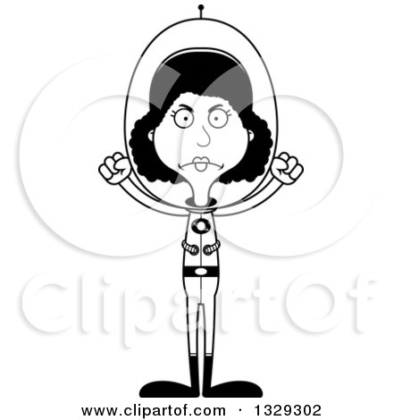 Lineart Clipart of a Cartoon Black and White Angry Tall Skinny Black Futuristic Space Woman - Royalty Free Outline Vector Illustration by Cory Thoman