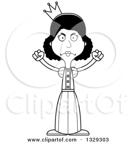 Lineart Clipart of a Cartoon Black and White Angry Tall Skinny Black Woman Princess - Royalty Free Outline Vector Illustration by Cory Thoman
