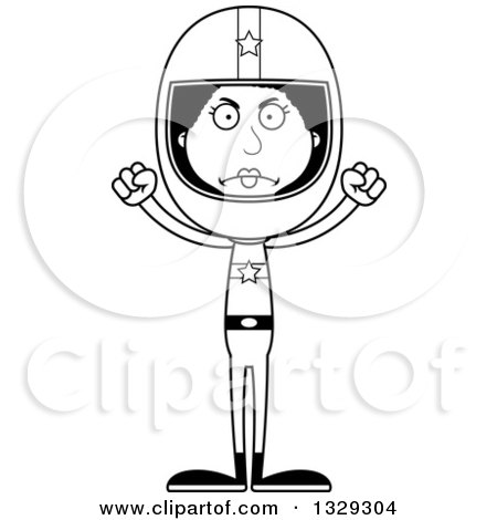 Lineart Clipart of a Cartoon Black and White Angry Tall Skinny Black Woman Race Car Driver - Royalty Free Outline Vector Illustration by Cory Thoman