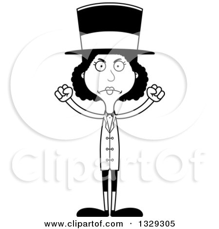 Lineart Clipart of a Cartoon Black and White Angry Tall Skinny Black Woman Circus Ringmaster - Royalty Free Outline Vector Illustration by Cory Thoman