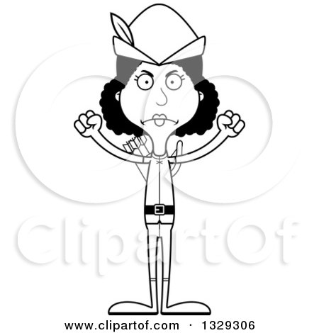 Lineart Clipart of a Cartoon Black and White Angry Tall Skinny Black Robin Hood Woman - Royalty Free Outline Vector Illustration by Cory Thoman