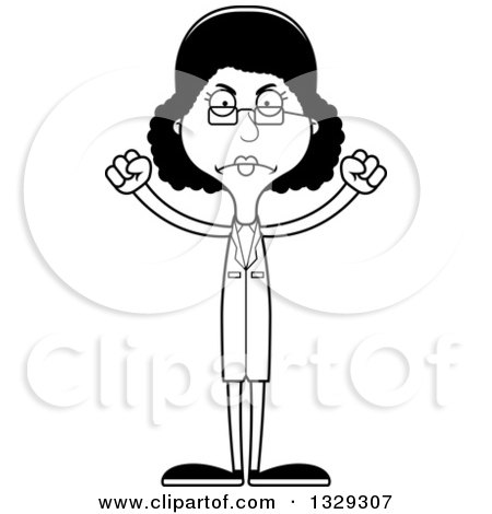 Lineart Clipart of a Cartoon Black and White Angry Tall Skinny Black Woman Scientist - Royalty Free Outline Vector Illustration by Cory Thoman