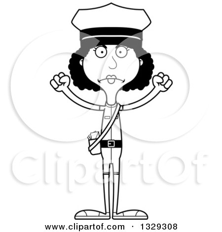 Lineart Clipart of a Cartoon Black and White Angry Tall Skinny Black Mail Woman - Royalty Free Outline Vector Illustration by Cory Thoman