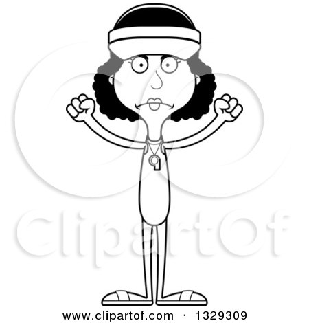 Lineart Clipart of a Cartoon Black and White Angry Tall Skinny Black Woman Lifeguard - Royalty Free Outline Vector Illustration by Cory Thoman