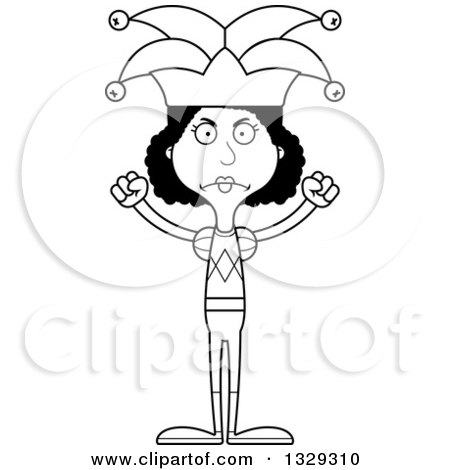 Lineart Clipart of a Cartoon Black and White Angry Tall Skinny Black Woman Jester - Royalty Free Outline Vector Illustration by Cory Thoman