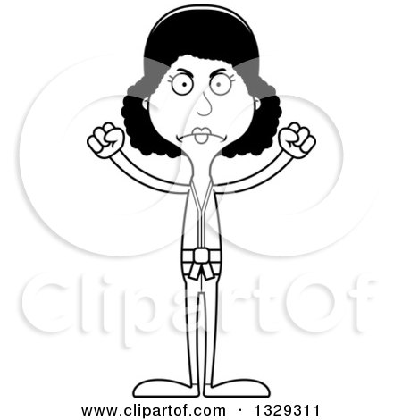 Lineart Clipart of a Cartoon Black and White Angry Tall Skinny Black Karate Woman - Royalty Free Outline Vector Illustration by Cory Thoman
