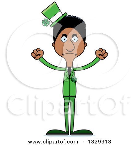 Clipart of a Cartoon Angry Tall Skinny Black Irish St Patricks Day Man - Royalty Free Vector Illustration by Cory Thoman
