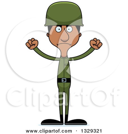 Clipart of a Cartoon Angry Tall Skinny Black Man Soldier - Royalty Free Vector Illustration by Cory Thoman
