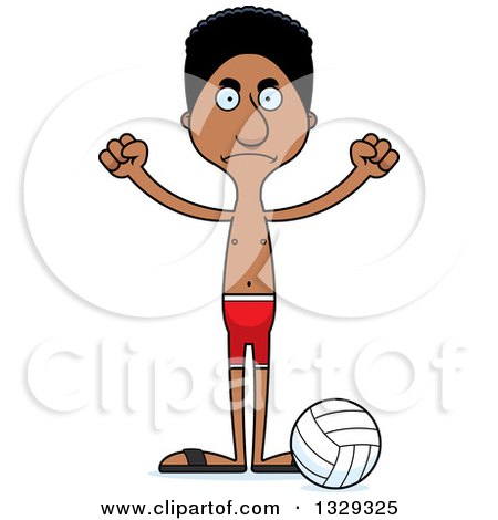 Clipart of a Cartoon Angry Tall Skinny Black Man Beach Volleyball Player - Royalty Free Vector Illustration by Cory Thoman