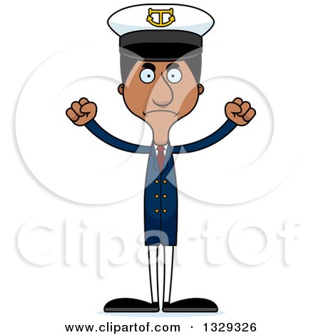 Clipart of a Cartoon Angry Tall Skinny Black Man Boat Captain - Royalty Free Vector Illustration by Cory Thoman