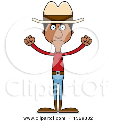 Clipart of a Cartoon Angry Tall Skinny Black Man Cowboy - Royalty Free Vector Illustration by Cory Thoman