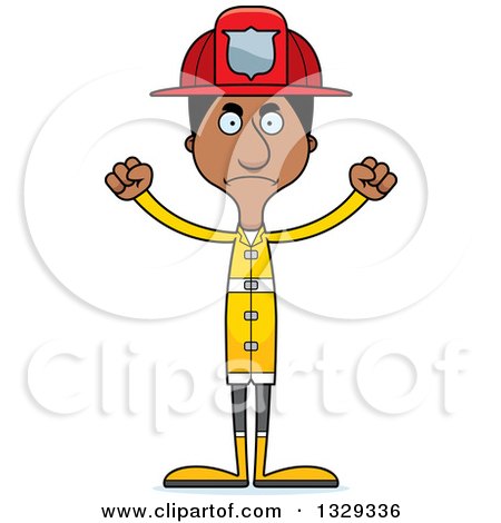 Clipart of a Cartoon Angry Tall Skinny Black Man Firefighter - Royalty Free Vector Illustration by Cory Thoman