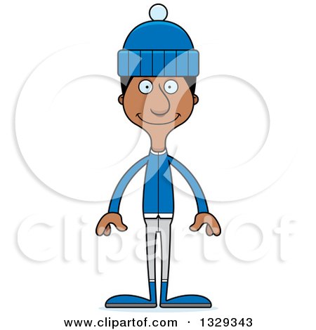 Clipart of a Cartoon Happy Tall Skinny Black Man in Winter Clothes - Royalty Free Vector Illustration by Cory Thoman