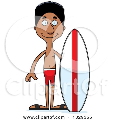Clipart of a Cartoon Happy Tall Skinny Black Man Surfer - Royalty Free Vector Illustration by Cory Thoman