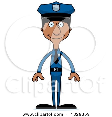 Clipart of a Cartoon Happy Tall Skinny Black Man Police Officer - Royalty Free Vector Illustration by Cory Thoman