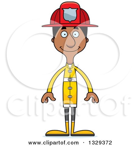 Clipart of a Cartoon Happy Tall Skinny Black Man Firefighter - Royalty Free Vector Illustration by Cory Thoman