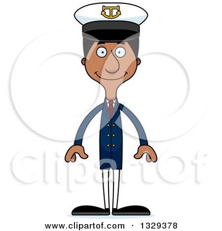 Clipart of a Cartoon Happy Tall Skinny Black Man Boat Captain - Royalty Free Vector Illustration by Cory Thoman