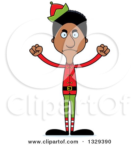 Clipart of a Cartoon Angry Tall Skinny Black Christmas Elf Man - Royalty Free Vector Illustration by Cory Thoman