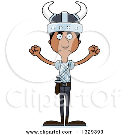 Clipart of a Cartoon Angry Tall Skinny Black Viking Man - Royalty Free Vector Illustration by Cory Thoman