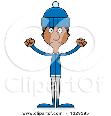 Clipart of a Cartoon Angry Tall Skinny Black Man in Winter Clothes - Royalty Free Vector Illustration by Cory Thoman
