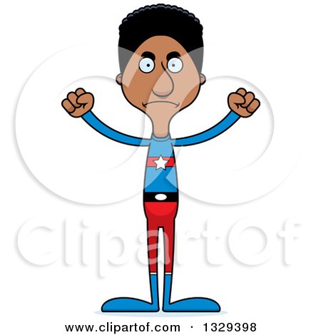 Clipart of a Cartoon Angry Tall Skinny Black Super Hero Man - Royalty Free Vector Illustration by Cory Thoman