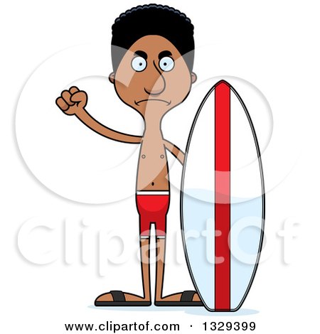 Clipart of a Cartoon Angry Tall Skinny Black Man Surfer - Royalty Free Vector Illustration by Cory Thoman