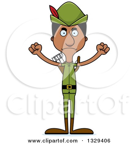 Clipart of a Cartoon Angry Tall Skinny Black Robin Hood Man - Royalty Free Vector Illustration by Cory Thoman