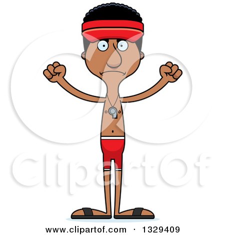 Clipart of a Cartoon Angry Tall Skinny Black Man Lifeguard - Royalty Free Vector Illustration by Cory Thoman