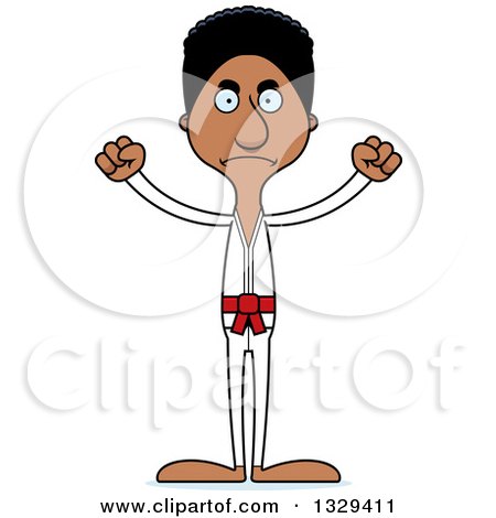Clipart of a Cartoon Angry Tall Skinny Black Karate Man - Royalty Free Vector Illustration by Cory Thoman