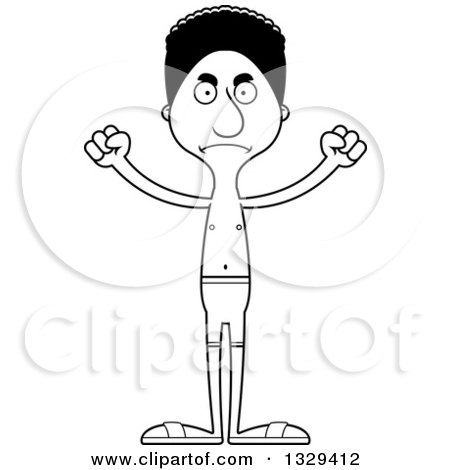 Lineart Clipart of a Cartoon Black and White Angry Tall Skinny Black Man Swimmer - Royalty Free Outline Vector Illustration by Cory Thoman