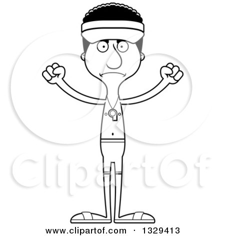 Lineart Clipart of a Cartoon Black and White Angry Tall Skinny Black Man Lifeguard - Royalty Free Outline Vector Illustration by Cory Thoman