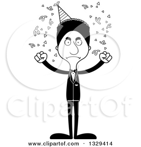 Lineart Clipart of a Cartoon Black and White Angry Tall Skinny Black Party Man - Royalty Free Outline Vector Illustration by Cory Thoman