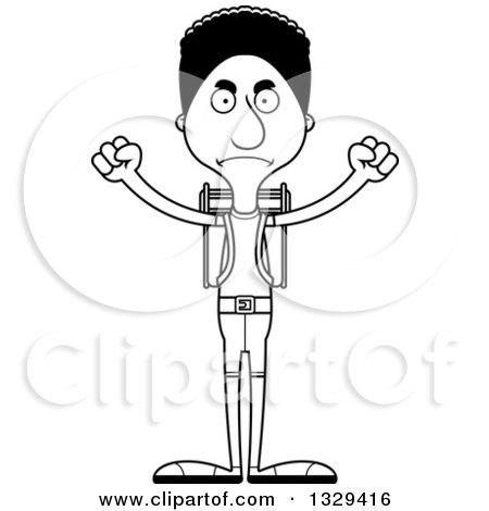 Lineart Clipart of a Cartoon Black and White Angry Tall Skinny Black Man Hiker - Royalty Free Outline Vector Illustration by Cory Thoman