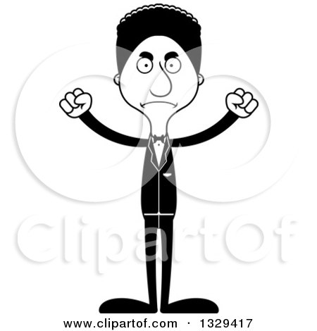 Lineart Clipart of a Cartoon Black and White Angry Tall Skinny Black Man Groom - Royalty Free Outline Vector Illustration by Cory Thoman