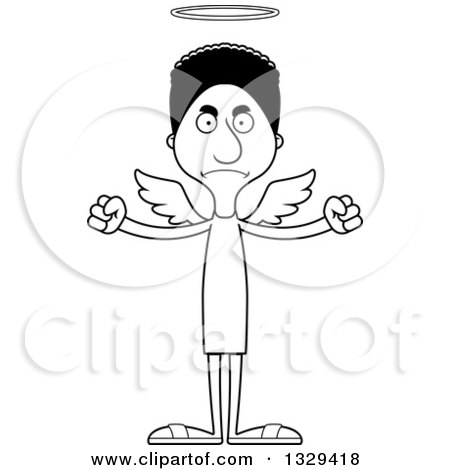Lineart Clipart of a Cartoon Black and White Angry Tall Skinny Black Man Angel - Royalty Free Outline Vector Illustration by Cory Thoman
