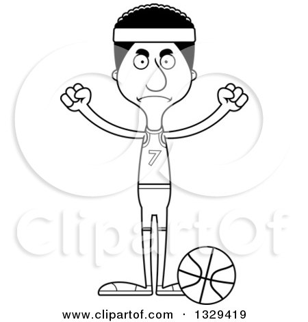 Lineart Clipart of a Cartoon Black and White Angry Tall Skinny Black Man Basketball Player - Royalty Free Outline Vector Illustration by Cory Thoman