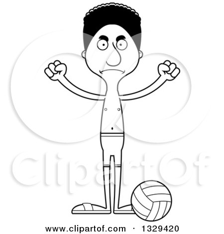 Lineart Clipart of a Cartoon Black and White Angry Tall Skinny Black Man Beach Volleyball Player - Royalty Free Outline Vector Illustration by Cory Thoman