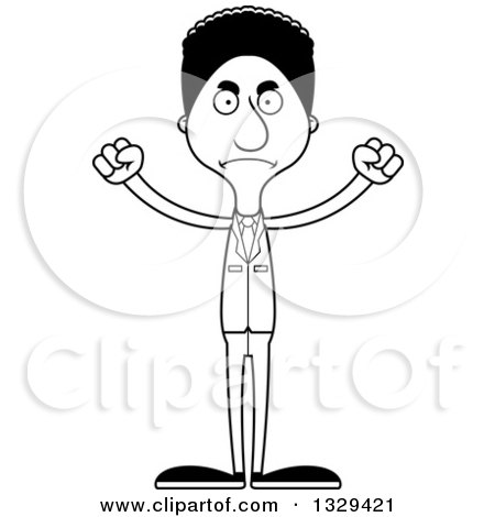 Lineart Clipart of a Cartoon Black and White Angry Tall Skinny Black Business Man - Royalty Free Outline Vector Illustration by Cory Thoman