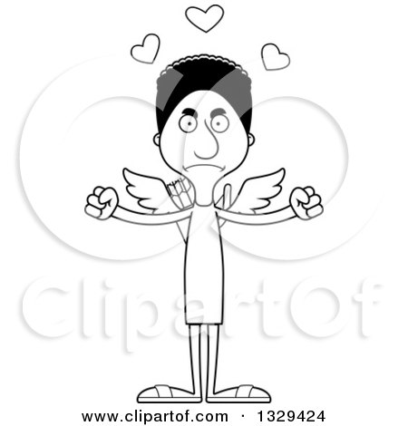 Lineart Clipart of a Cartoon Black and White Angry Tall Skinny Black Man Cupid - Royalty Free Outline Vector Illustration by Cory Thoman