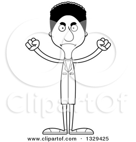 Lineart Clipart of a Cartoon Black and White Angry Tall Skinny Black Man Doctor - Royalty Free Outline Vector Illustration by Cory Thoman