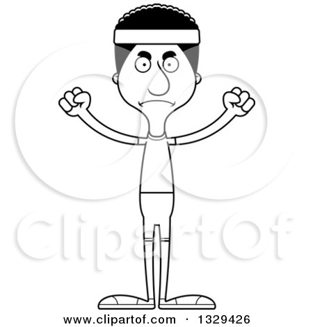 Lineart Clipart of a Cartoon Black and White Angry Tall Skinny Black Fit Man - Royalty Free Outline Vector Illustration by Cory Thoman