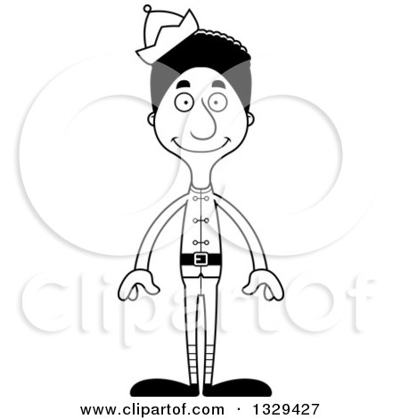 Lineart Clipart of a Cartoon Black and White Happy Tall Skinny Black Christmas Elf Man - Royalty Free Outline Vector Illustration by Cory Thoman