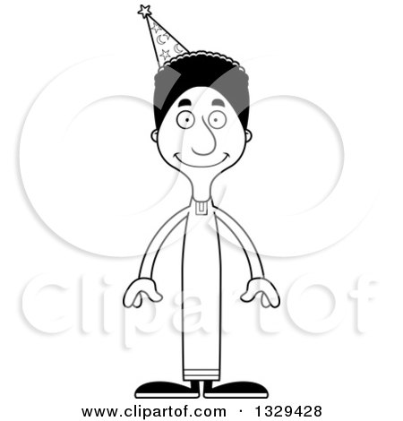Lineart Clipart of a Cartoon Black and White Happy Tall Skinny Black Wizard Man - Royalty Free Outline Vector Illustration by Cory Thoman