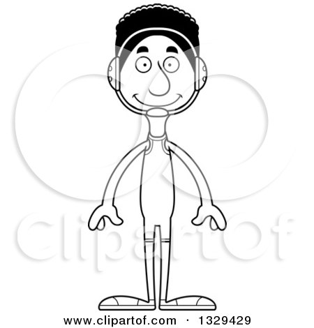Lineart Clipart of a Cartoon Black and White Happy Tall Skinny Black Man Wrestler - Royalty Free Outline Vector Illustration by Cory Thoman