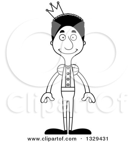 Lineart Clipart of a Cartoon Black and White Happy Tall Skinny Black Man Prince - Royalty Free Outline Vector Illustration by Cory Thoman