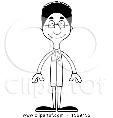 Lineart Clipart of a Cartoon Black and White Happy Tall Skinny Black Man Scientist - Royalty Free Outline Vector Illustration by Cory Thoman